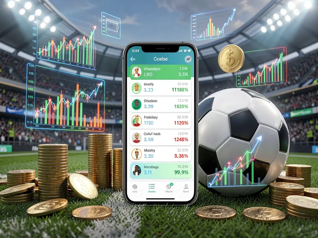 79BD football prediction betting scene featuring a smartphone displaying match statistics, a soccer ball, coins, and glowing data charts floating around in a modern stadium background