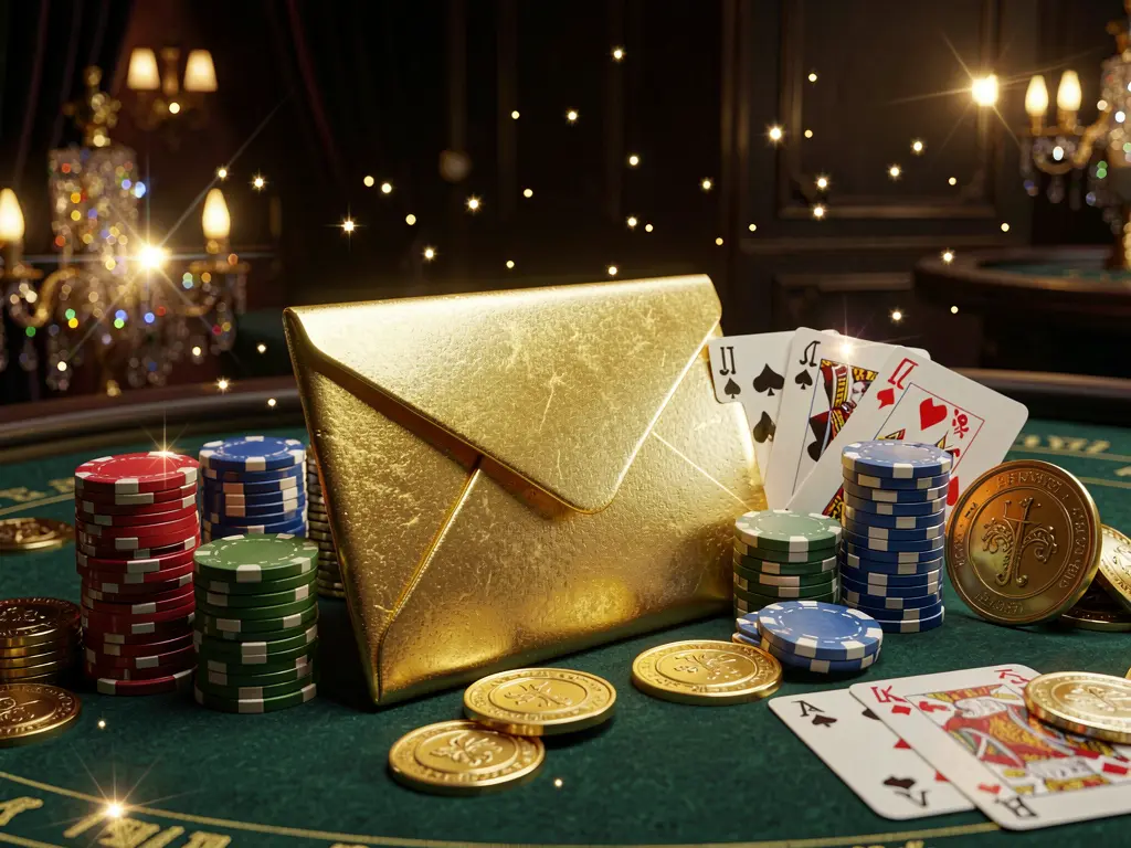 79BD exclusive casino promotion scene featuring a golden envelope surrounded by chips, coins, and playing cards against a luxury dark background with sparkling lights