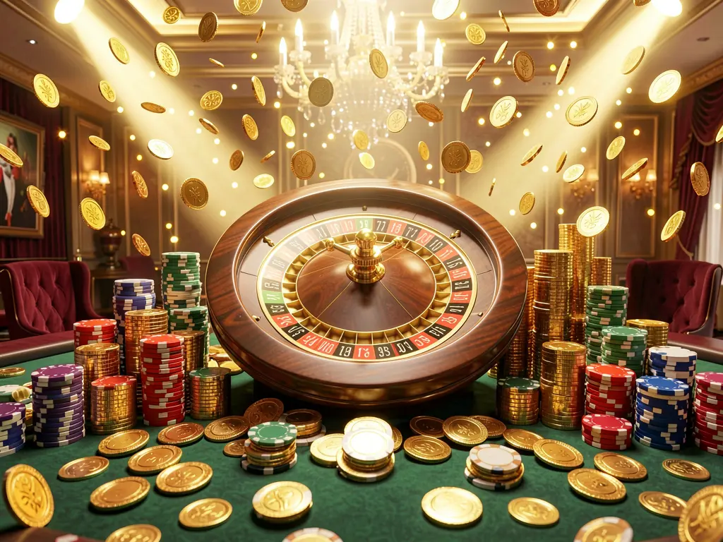 79BD casino jackpot scene with golden coins, colorful poker chips, and a roulette wheel under bright glowing lights in a luxurious celebration atmosphere