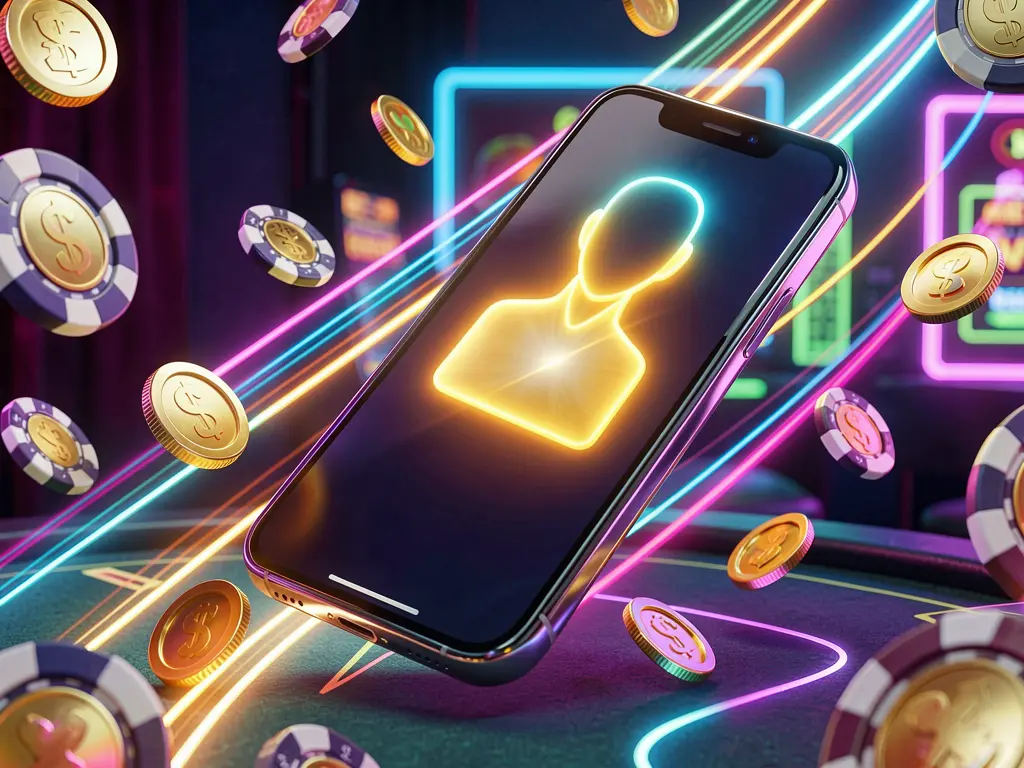 79BD fast casino login banner featuring a smartphone with a bright user icon surrounded by speed light trails, golden coins, and chips flying around in a modern neon casino style with high detail 3D render